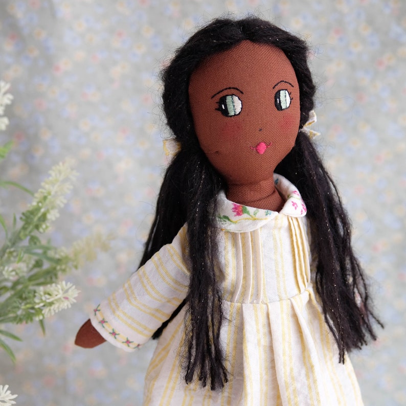 Dark skin textile doll with a flowery cape and a striped dress, Spring rag doll with removable cloths, Decorative doll for girls room image 9