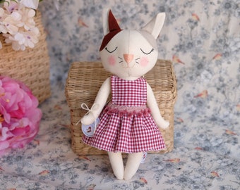 Cat handmade doll in a cute dress, Gift for little girls, Handmade animal toy, Cat doll with removable clothes, Decorative toy