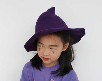 Sombrero de bruja de ganchillo hecho a mano, sombrero de brujas, sombrero de bruja moderno, sombrero de bruja hipster, sombrero de mago de mezcla de lana, sombrero de bruja mágica para adultos y niños