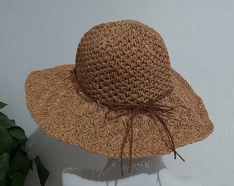 Vintage Hepburn Style Wide Brim Beach hat, Women Sun Hat, Straw Hat, Handwoven Summer Hat, French Straw Hat, Foldable Hat, Gift for Her