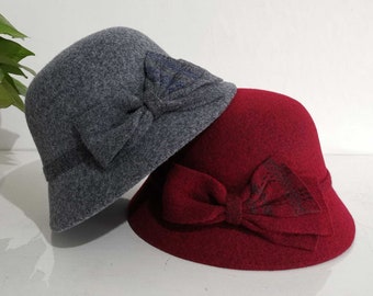 Sombrero cloche de lana plegable de otoño invierno, sombrero de cubo de arco de lana para mujer niña, sombrero elegante para mujer, sombrero cloche ajustable, regalo para ella