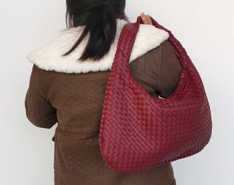 Handwoven Leather Dumpling Bag, Kont Woven Bag, Fashion Vegan Leather Shoulder Bag, Solid Color Women's Hobo Bag, Interwoven Leather Purse