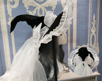 Chapeau de sorcière d’Halloween, accessoires de costume magique gothique accessoires vintage noir cosplay chapeau de sorcier de fête, chapeau de fête lolita fait à la main avec nœud blanc