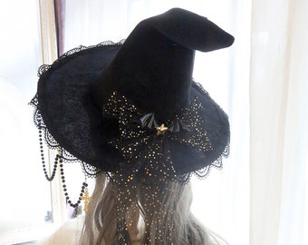 Halloween witch hat, Gothic magic costume accessories props vintage black cosplay party wizard hat, witches hat, Handmade lolita party hat