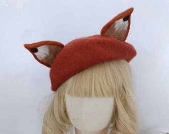 Handmade fox beret hat decor, Wool felted beret, Winter beret for women, Cosplay fox decor hat, Fox ears beret hat, French vintage beret