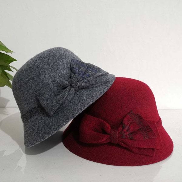 Chapeau cloche en laine pliable d’automne et d’hiver, chapeau seau à nœud en laine pour femmes fille, chapeau élégant pour femmes, chapeau cloche réglable, cadeau pour elle