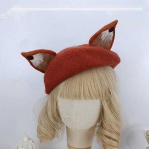 Handmade fox beret hat decor, Wool felted beret, Winter beret for women, Cosplay fox decor hat, Fox ears beret hat, French vintage beret