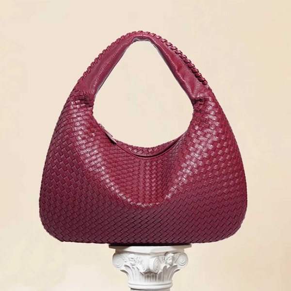 Sac pour boulettes en cuir tressé à la main, Sac tissé en Kont, Sac à bandoulière tendance en cuir végétalien, Sac hobo pour femme de couleur unie, Sac à main en cuir entrelacé