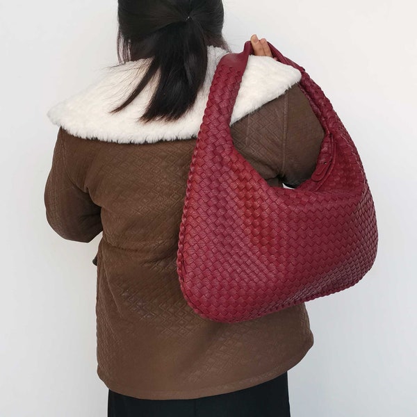 Handwoven Leather Dumpling Bag, Kont Woven Bag, Fashion Vegan Leather Shoulder Bag, Solid Color Women's Hobo Bag, Interwoven Leather Purse
