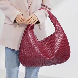Handwoven Leather Dumpling Bag, Kont Woven Bag, Fashion Vegan Leather Shoulder Bag, Solid Color Women's Hobo Bag, Interwoven Leather Purse zdjęcie 3