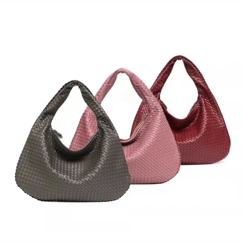 Bolso de bola de masa de cuero tejido a mano, bolso tejido Kont, bolso de hombro de cuero vegano de moda, bolso hobo de mujer de color sólido, bolso de cuero entrelazado imagen 10