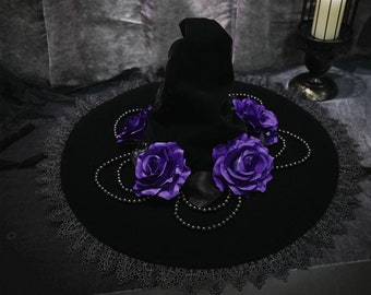 Chapeau de sorcière d'Halloween fait à la main, accessoires de costume de magie gothique chapeau de sorcier de fête de cosplay noir vintage, chapeau de fête lolita fait à la main, chapeau de sorcières