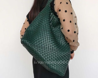 Handwoven Leather Tote Bag, Kont Woven Bag, Fashion Vegan Leather Shoulder Bag, Solid Color Women's Hobo Bag, Interwoven Leather Purse, Gift