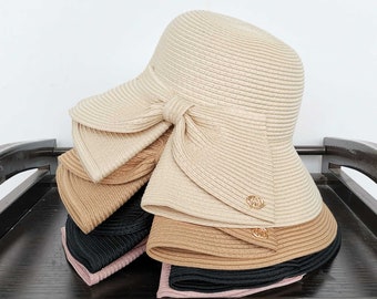 Sombrero de playa de cubo moderno, sombrero de sol para mujer, sombrero de paja de ala ancha, sombrero de verano tejido a mano, sombrero de paja francés para mujer, sombrero plegable, regalo para ella