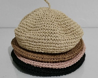 Béret de paille de style vintage, chapeau de plage, chapeau de soleil pour femme, chapeau de paille, chapeau d'été tissé à la main, chapeau de paille français, chapeau pliable, cadeau pour elle