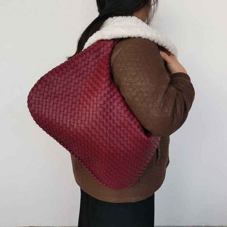 Handwoven Leather Dumpling Bag, Kont Woven Bag, Fashion Vegan Leather Shoulder Bag, Solid Color Women's Hobo Bag, Interwoven Leather Purse image 3