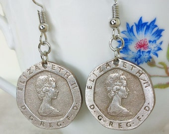 Young queen Elizabeth II twenty pence coin currency earrings
