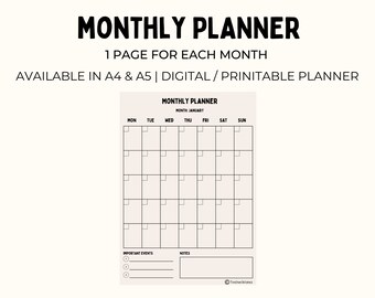 Monthly Planner | Digital Planner | Printable Planner | A4/A5 Size | Printable PDF | Note-Taking App Planner