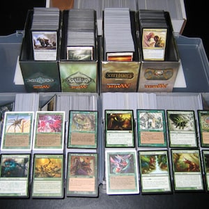 May include: A collection of Magic: The Gathering cards organized in a clear plastic storage box. The cards are arranged in rows and columns, with the card backs facing up. The box is labeled "Magic: The Gathering" and "Conflux".