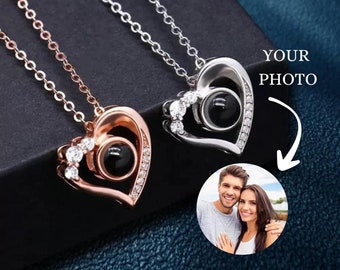 Gold Heart Photo Projection Necklace, Sterling Silver Heart Soulmate Necklace, Anniversary Gift, Diamond Heart Necklace, Valentines Day Gift