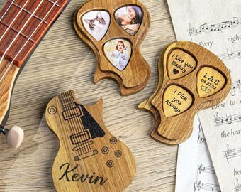 Custom Wooden Guitar Picks Holder Box, Personalized Music Gift for Guitarist Musician, Wood Guitar Plectrum Organizer Gift for Boyfriend Dad