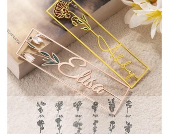 Colorful Birthday Flower Stainless Steel Bookmarks Custom Birth Flower Name Bookmark Cutting 3D Names Women Birthday Commemorative Gifts