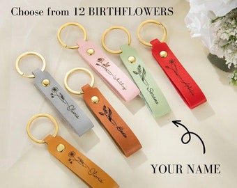 Custom Name Birth Flower Keychain, Dainty Personalized Keyring, Customized Leather Keychain, Sister Gift, Best Friend Gift, Christmas Gift