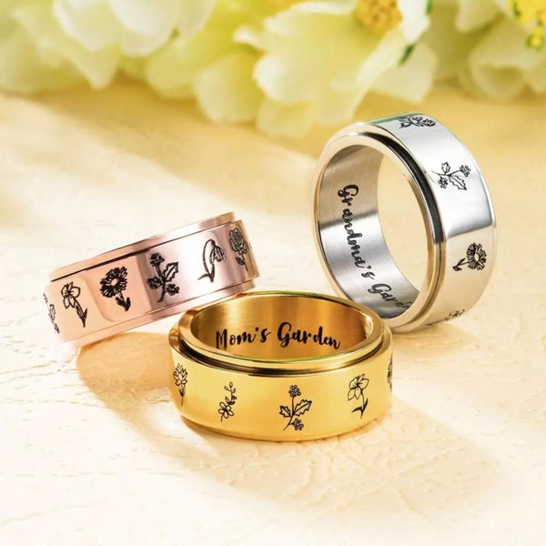 Custom Family Rings, Fidget Ring, Anxiety Ring, Birth Flower Ring, Spinner Ring, Fidget Jewelry, Meditation Ring, Silver Spinner Ring