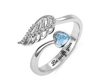 Memorial Birthstone Ring, Memorial Jewelry, Angel Wing Ring, Pet Memorial Gift, Memorial Gift for Her, Dainty Ring Jewelry