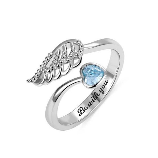 Memorial Birthstone Ring, Memorial Jewelry, Angel Wing Ring, Pet Memorial Gift, Memorial Gift for Her, Dainty Ring Jewelry