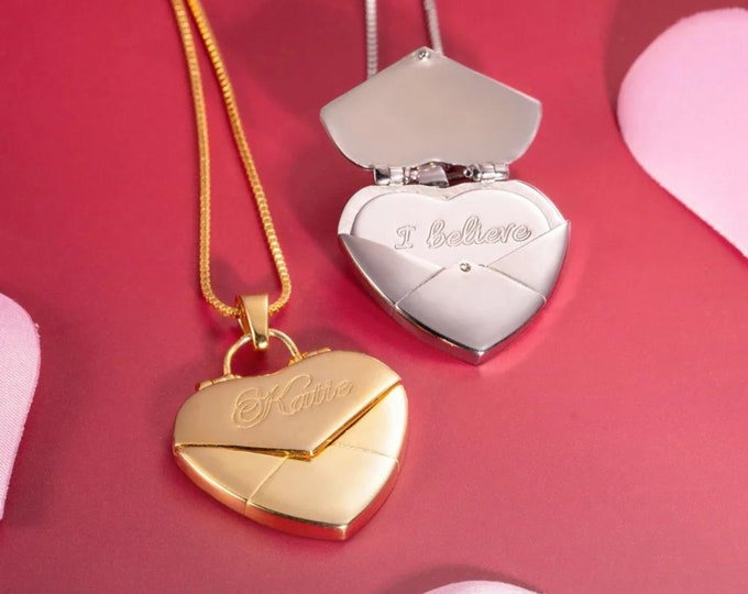 Envelope Necklace, 18K Gold Heart Locket Necklace, Vintage Locket Necklace, Personalized Gift For Her, Engraved Couple Necklace