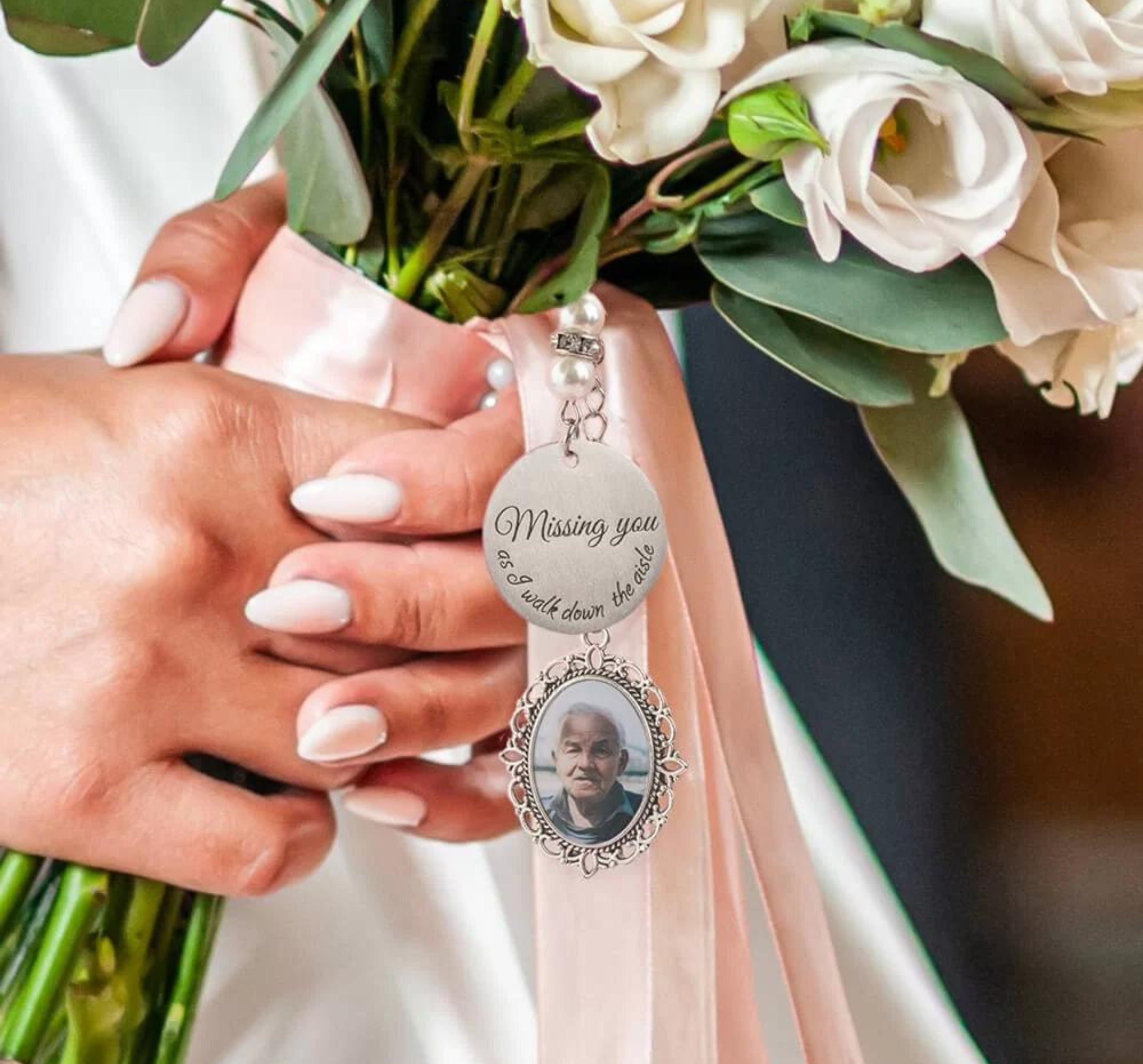 Memorial Photo Wedding Bouquet Charm, Message Quote, Walk with Me, Dad Mom  Aisle, Rose Gold Silver Gold, Memory Gift for the Bride