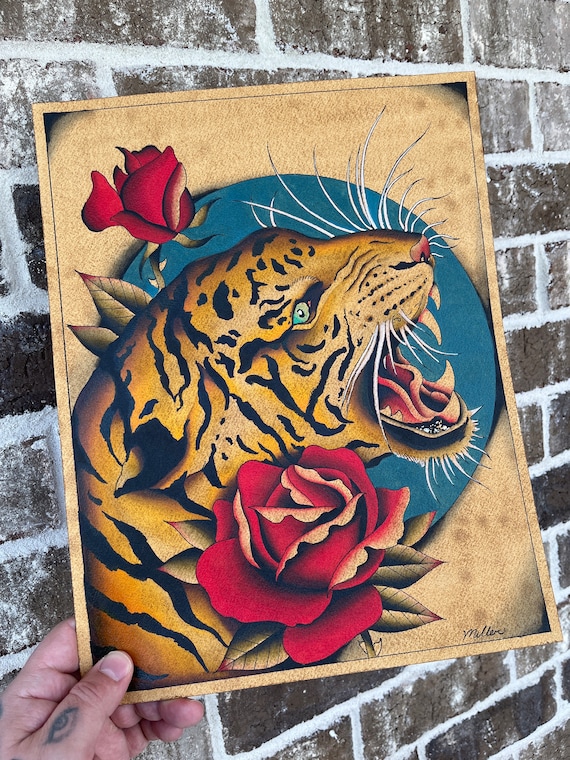 Tiger, Neo-traditional Tattoo Flash, Old School, Art Print 16x12 - Etsy