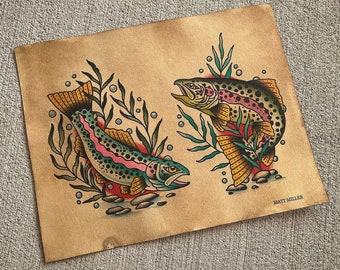 Traditional Rainbow Trout Tattoo Flash Print