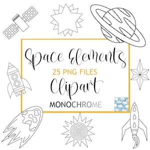 Space Clipart Set / 25 PNG files / Monochrome / Transparent Background / Instant Digital Download / Rockets / Stars / Planets / Meteors