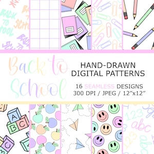 Pastel Back to School Digital Paper / Hand Drawn / 16 Designs / Seamless / School Background / Teacher / Stationery / Instant Download