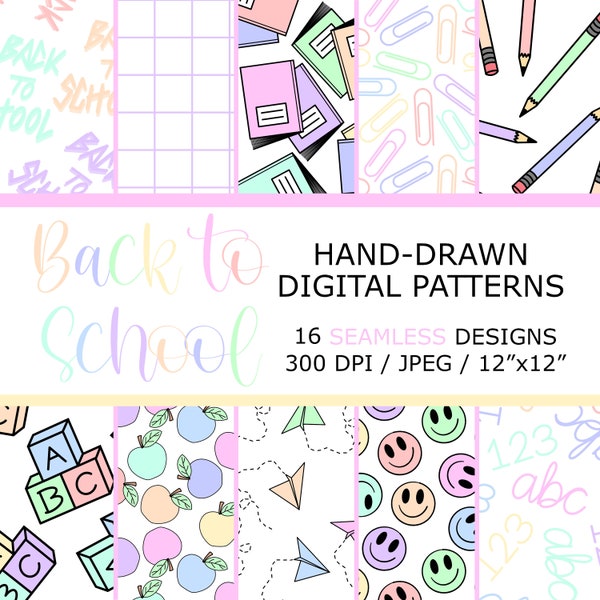 Pastell Back to School Digitales Papier / Handgezeichnet / 16 Designs / Nahtlos / Schulhintergrund / Lehrer / Briefpapier / Sofortiger Download