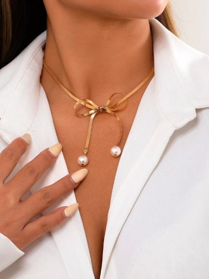 Chanel CC Faux Pearl and Enamel Gold Tone Station Necklace at