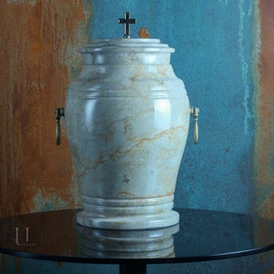 Botticino marble urn for human ashes - Cross/Lily on lid - Personalized Memory Plaque - Large urn for adult