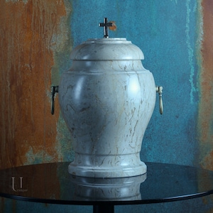 Botticino marble urn for human ashes - Cross/Lily on lid - Personalized Memory Plaque - Large urn for adult