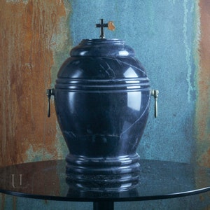Black marble urn for human ashes - Cross/Lily on lid - Personalized Memory Plaque - Large urn for adult