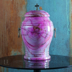 Pink onyx urn for human ashes - Cross/Lily on lid - Personalized Memory Plaque - Large urn for adult