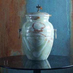 Natural onyx urn for human ashes - Cross/Lily on lid - Personalized Memory Plaque - Large urn for adult