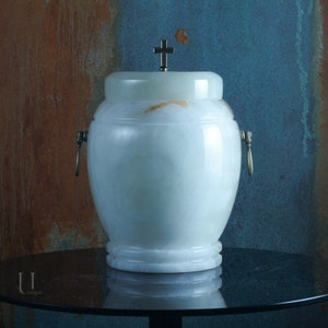 Natural onyx urn for human ashes - Cross/Lily on lid -  Personalized Memory Plaque - Large urn for adult