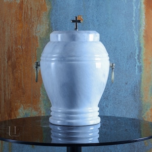 White marble urn for human ashes - Cross/Lily on lid - Personalized Memory Plaque - Large urn for adult