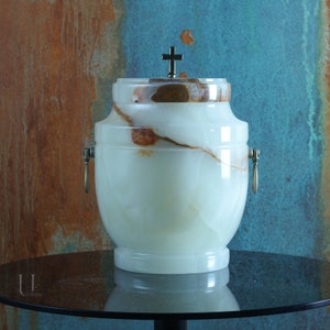 Natural onyx urn for human ashes - Cross/Lily on lid - Personalized Memory Plaque - Large urn for adult