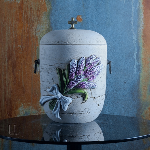 Handmade fireclay urn for human ashes - Lavender flower finish - Large urn for adult - Cremation urn