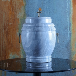 Natural white marble urn for human ashes - Cross/Lily on lid -  Personalized Memory Plaque - Large urn for adult