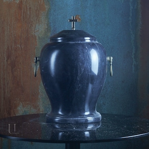 Black marble urn for human ashes - Cross/Lily on lid - Personalized Memory Plaque - Large urn for adult