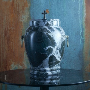 Black marble urn for human ashes - Cross/Lily on lid - Personalized Memory Plaque - Large urn for adult